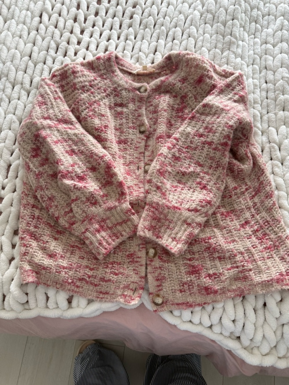 Sezane Emile Pink and Cream Textured Knit Cardigan